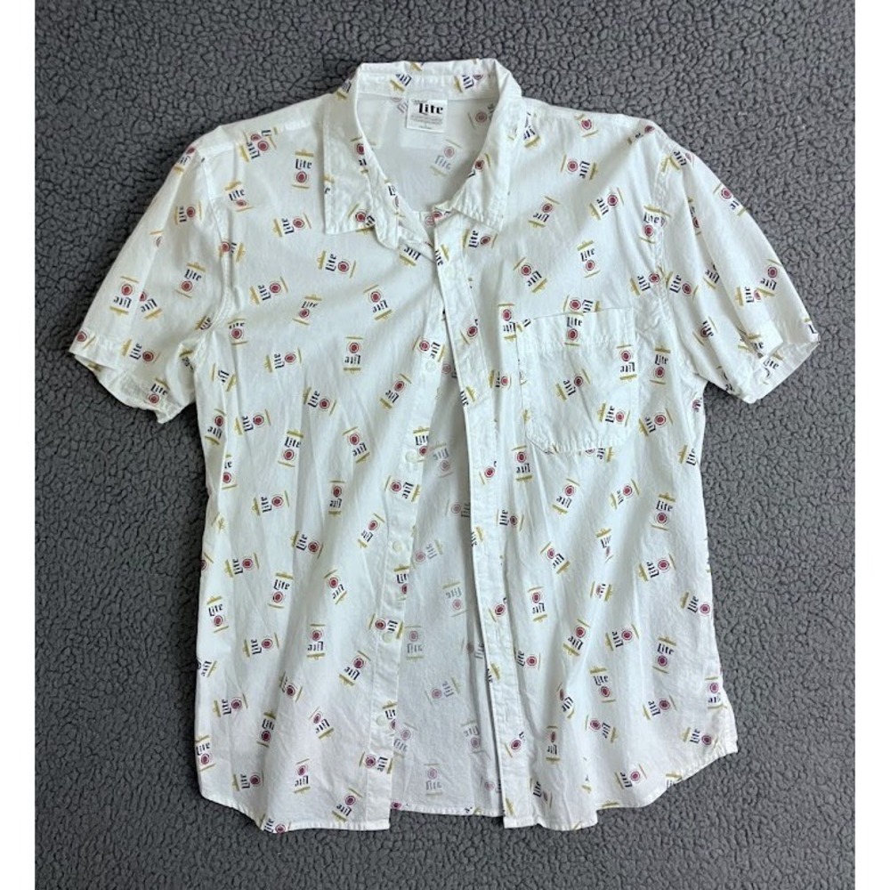 Miller Lite Mens White Beer Can All Over Print Short Sleeve Button Down Shirt L